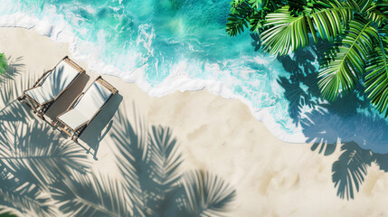 Aerial view of a sandy beach with two loungers, palm leaves, and turquoise sea waves - obrazy, fototapety, plakaty