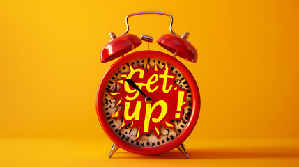 A vibrant red alarm clock displaying the message 'Get up!' on a yellow background