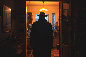 Mysterious Silhouette of a Man in Hat Standing in Doorway - obrazy, fototapety, plakaty