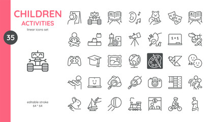 Children Activities Icon Set. Thin Line Illustration of Diverse Play and Learning Symbols Including Toys, Books, Science, Coding, Nature Study and Sports. Editable Stroke Vector Signs.