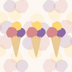 ice cream background, seamless pattern of ice cream scoops in a cone, repeating texture of colorful ice cream cones in red yellow and purple, abstract simple design, ideal for textile or paper design	