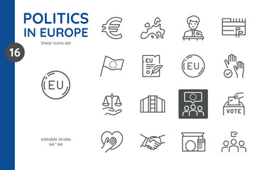 European Politics and Democracy Icon Set: EU Parliament, Voting, Elections, Liberal and Conservative Politics. Features Euro Sign, Ballot Box, Flags, Speeches, Legal Emblems. Editable Linear Vectors.