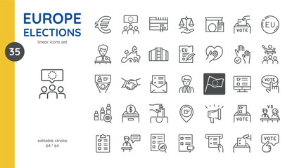 European Elections 2024 Icon Set: Voting and Democracy Symbols. Includes Ballot Box, EU Parliament, Voting Hands, Check Marks, and Debate Emblems. © Takoyaki Icons