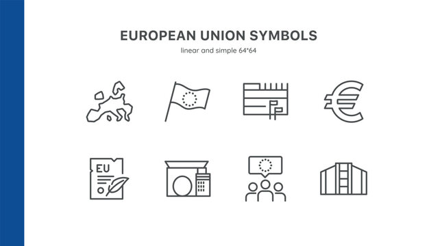European Union Icon Set. Minimalistic Linear Symbols of EU Integration, Economics, and Governance.