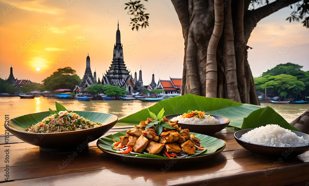 Wall mural best quality of traditional thai dishes, including a colorful vegetable salad at the center - Wall murals