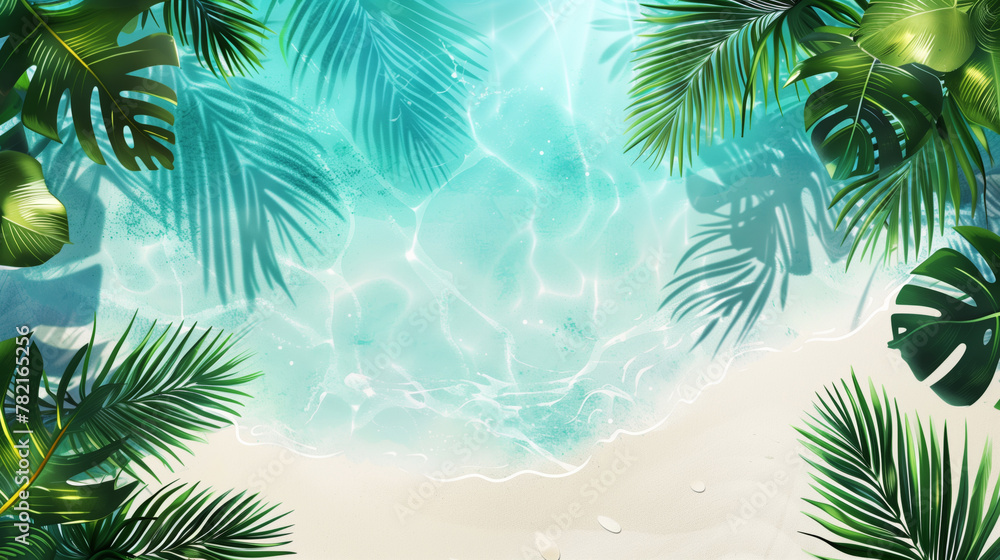 Poster Illustration of a tropical beach scene with palm leaves and clear blue water