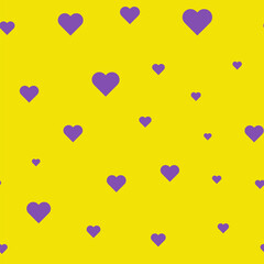 Violet hearts isolated on yellow background. Seamless pattern. Background for textile, paper, cover, dishes, interior decor.