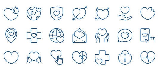 Set of Hearts Icon. Vector Heart Sign Collection - For Theme of Love, Romance, Friendship and Support. Hearts with horns, arrows, in envelope, gift, with planet, cross, shield,  - obrazy, fototapety, plakaty