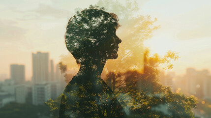 A harmonious blend of human presence within urban and natural landscapes, depicted through double exposure photography. - obrazy, fototapety, plakaty