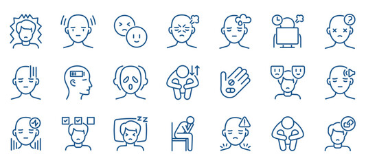 Mental Health Awareness Icon Set. Collection of Outline Symbols for Neurosis, Stress, and Mental Conditions.