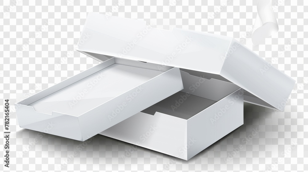 Poster isolated on transparent background, white cardboard box with flip top. rectangular cardboard with hi