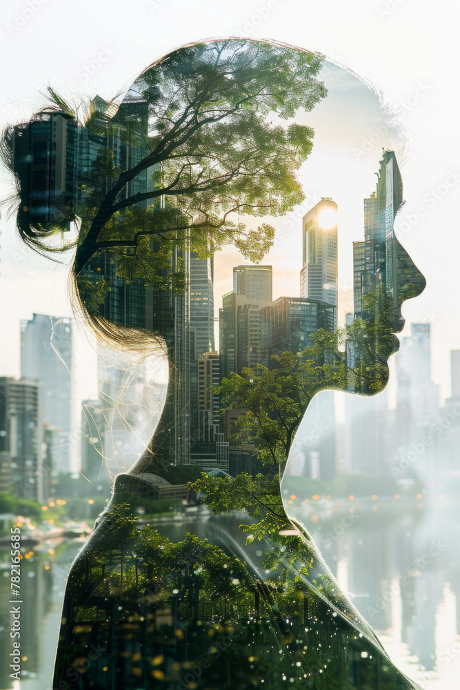 Poster the image explores the harmonious relationship between humans and nature through double exposure ble