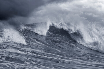Detailed Atlantic stormy big wave; toned blue, enhanced sky - 782165607