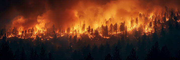 Intense Wildfire Engulfs Forest at Twilight