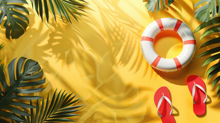 A vibrant summer-themed composition with a lifebuoy and flip-flops on a yellow background.