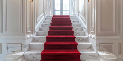 Elegant White Marble Staircase with Red Carpet in Luxurious Interior