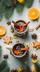 Obraz na płótnie Canvas Festive homemade hot mulled wine with oranges cinnamon gingerbread on top. Top view with copyspace