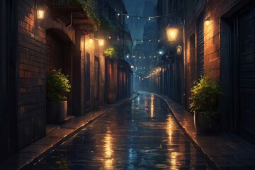 Fototapeta na wymiar A dark alley in the city with wet ground