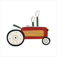 Cute tractor vector illustration. Hand drawn agrimotor clipart. For thematic designs, stickers, childish patterns. Village, agriculture illustration isolated on white background