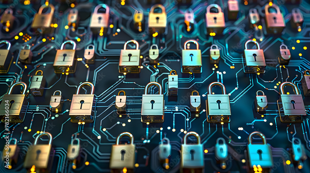 Poster locks on circuit pattern. concept of data security, cyber defense and cybersecurity.