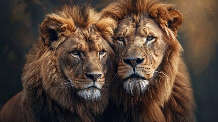 Fototapeta premium stunning african lion couple in the wild, a majestic display of the strength and elegance of lions, symbolizing the true king and queen of the african safari