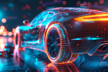 An eye-catching wireframe visualization with a glowing translucent background, featuring a sleek and modern car design.