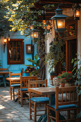 Fototapeta na wymiar Cozy Outdoor Cafe Terrace with Hanging Lanterns and Lush Greenery