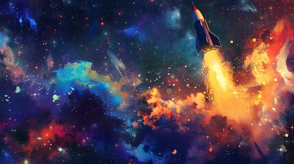 Capture a side view of a rocket soaring through a starry sky, with sparks of fireworks bursting in an impressionistic style Use acrylic medium for a dreamy, festive look