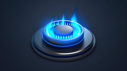 A gas burner with a blue flame radiating from a glowing fire ring on a kitchen stove. It is a modern realistic mockup of propane butane burning in the oven used for cooking isolated on a black