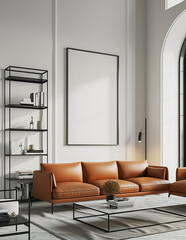 mock up poster frame in white interior, home, living room, Scandinavian style, 3D render, 3D illustration