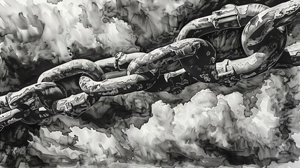 Capture the intricate details of a weathered anchor chain against a dramatic sky in a detailed black and white pen and ink illustration