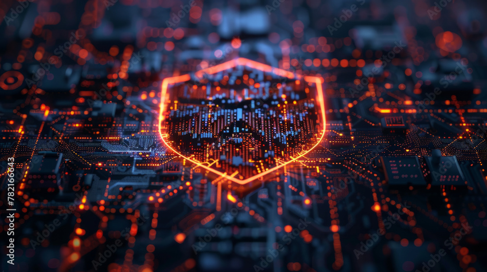 Poster a cybersecurity shield icon superimposed over a network map, symbolizing the protection of digital d