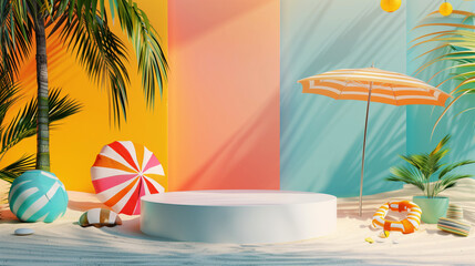 A colorful, summery scene with beach elements and striped patterns