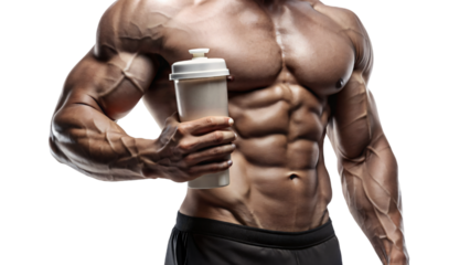 Muscular man holding a protein shaker bottle 