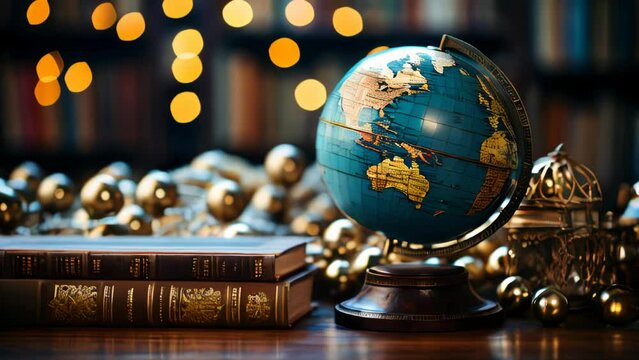 Globe and vintage smart books on the table in the office