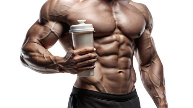 Muscular man holding a protein shaker bottle 