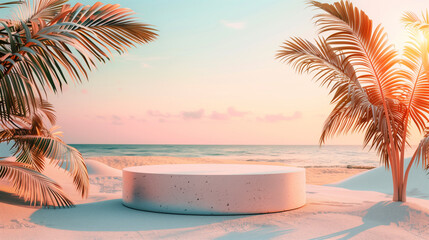 Idyllic tropical beach at sunset with palm trees and a round platform