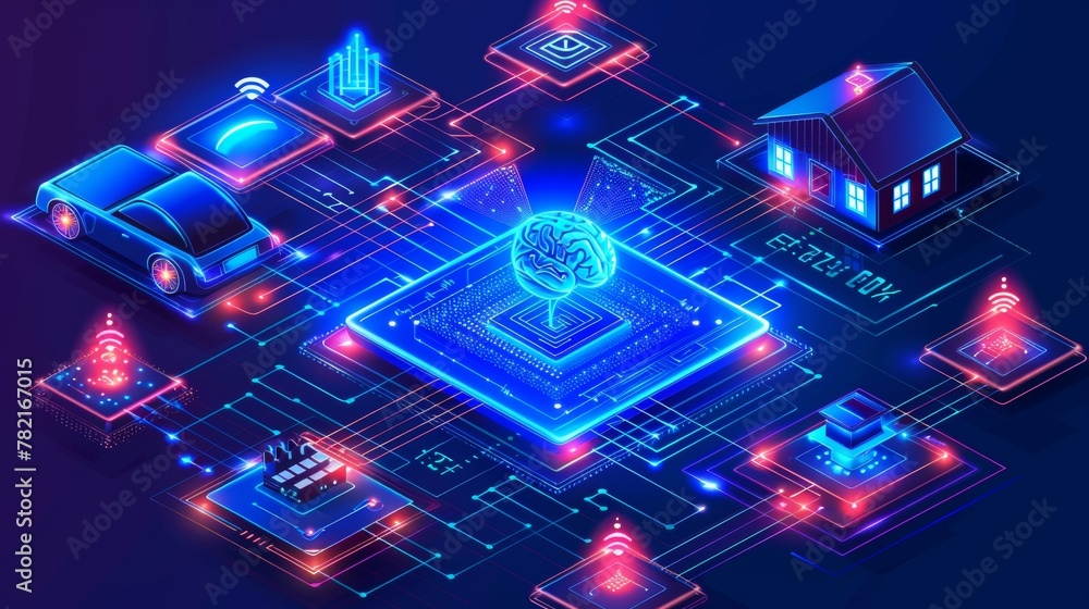 Poster isometric modern illustration of a network, circuit connection of chip with hologram brain and compu