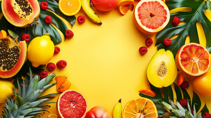 A vibrant selection of tropical fruits on a bright yellow background with copy space. - obrazy, fototapety, plakaty
