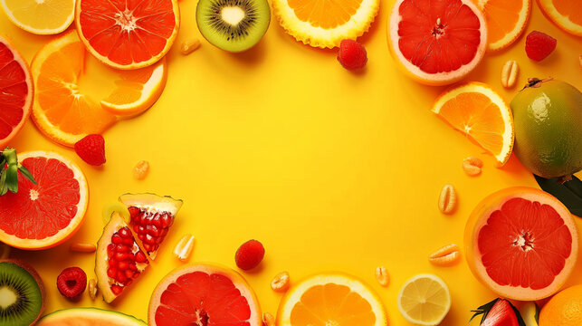 Bright and colorful fruit composition with a fresh and juicy appeal on a yellow background.