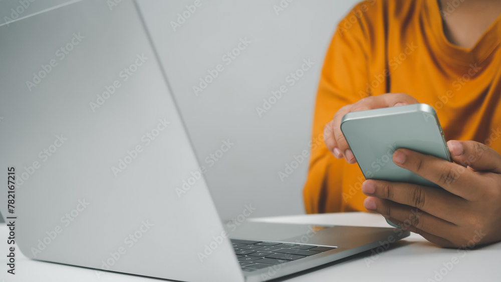 Poster human uses smartphone to check new mail. new email notification concept for business email communica