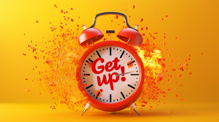 A red alarm clock with the words 'Get up!' on its face against a yellow background - obrazy, fototapety, plakaty