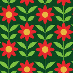 Retro Mod red flowers with green leaves seamless pattern on dark green background. For fabric, textile and home decor - obrazy, fototapety, plakaty