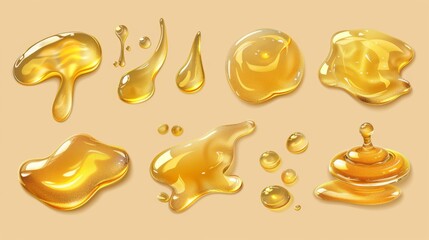 A flat modern mockup of clear yellow puddles on top of liquid gold drops of organic cosmetic oil or honey on a transparent background.