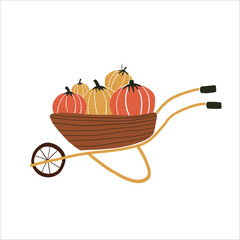 Pumpkin cart vector clipart. Cute hand drawn cart with pumkins illustration. For thematic designs, stickers, patterns. Autumn vintage Thanksgiving illustration isolated on white background