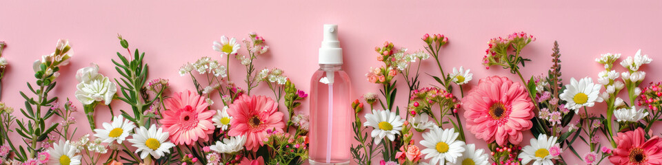 Floral Essence Spray Bottle Amidst Colorful Blossoms on Pink Background - obrazy, fototapety, plakaty