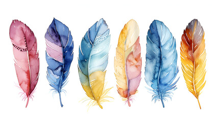 Hand-drawn watercolor feather set, generative Ai - obrazy, fototapety, plakaty