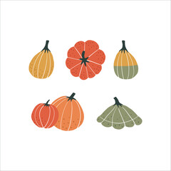 Cute Pumpkins vector set. Vintage hand drawn pumpkin cliparts illustration. For thematic designs, stickers, patterns. Autumn vintage Thanksgiving illustration isolated on white background