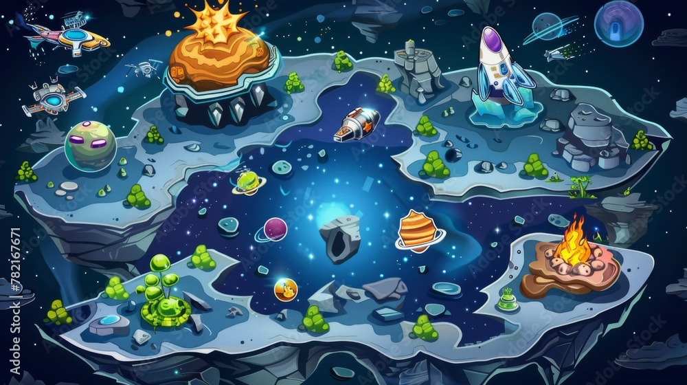 Poster this modern illustration shows a space game level map with spaceships and alien planets in a cartoon