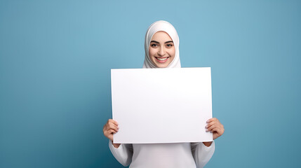 Smiling Arab woman in hijab holding blank white poster for text. Muslim woman holding blank white poster.
